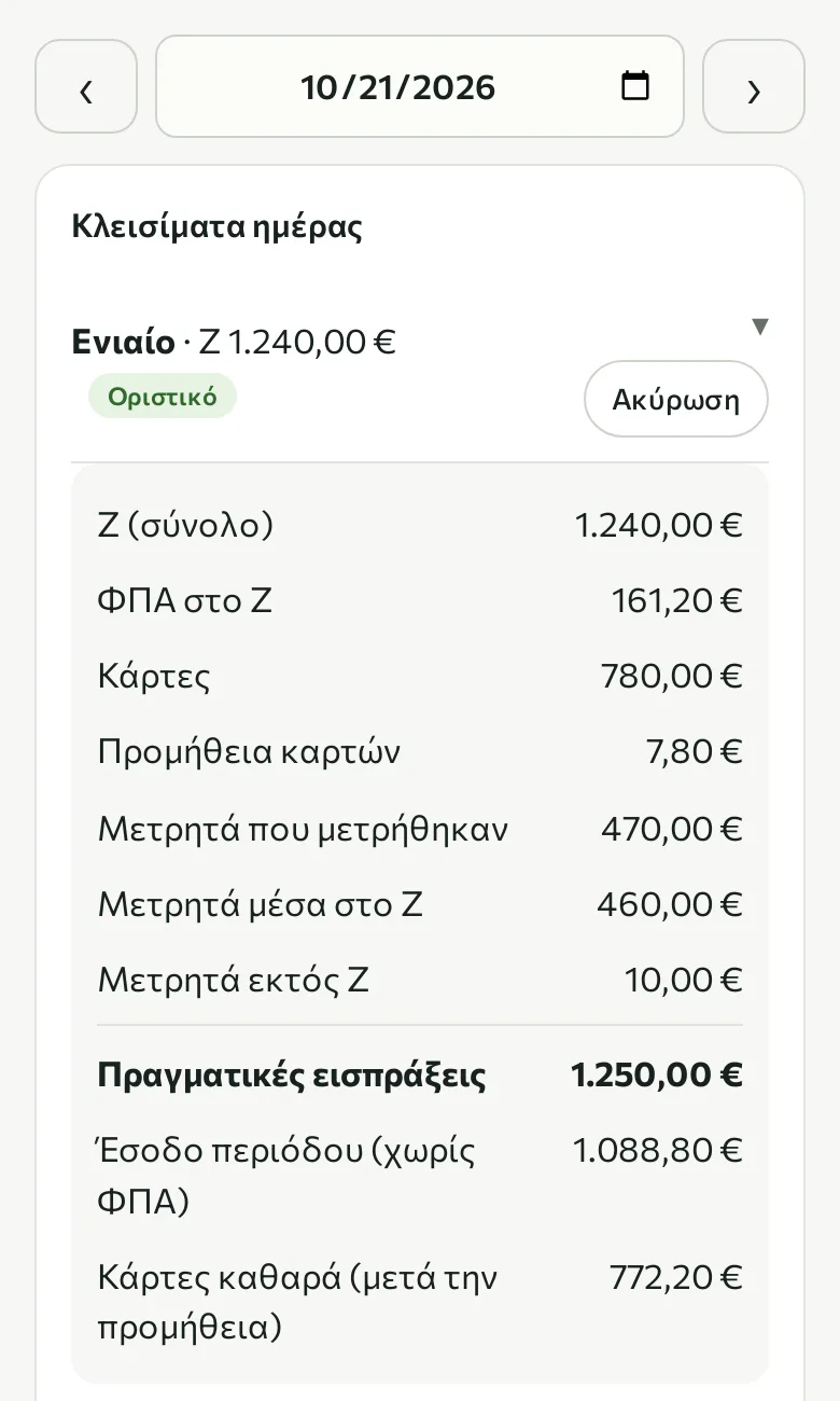 Κλείσιμο ημέρας με Ζ, ΦΠΑ, κάρτες, μετρητά και πραγματικές εισπράξεις